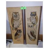VTG GRAVEL ART OWLS (TRIM MISSING ON 1) 8 1/2 x 24
