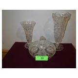2 CRYSTAL VASES (8" & 10 1/2"), PG CANDY DISH