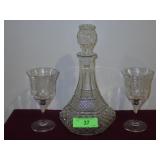 DECANTER & 2 ETCHED WINE GLASSES