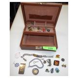 VINTAGE JEWELRY BOX W/ SPEIDEL BRACELET, PINS, ETC