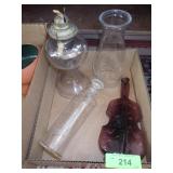 VINTAGE OIL LAMP, VIOLIN BOTTLE, ETCHED DECANTER>>
