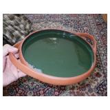 TERRA COTTA GREEN GLAZE SERVING TRAY W/ HANDLES
