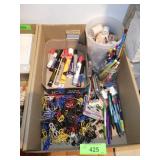 STAPLER, PENS, MARKERS, WOODEN THREAD SPOOLS, >>>>