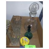 VINTAGE CARAFE, BLENKO? PERFUME BOTTLE, TUMBLERS,>