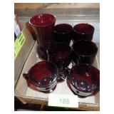 VINTAGE RUBY RED CREAMER, SUGAR, VASE & TUMBLERS