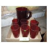 VTG RED HOBNAIL PITCHER & TUMBLERS **NO SHIPPING**