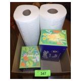 2 NEW BOXES OF TISSUE, 2 ROLLS OF PAPER TOWELS