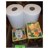 2 NEW BOXES OF TISSUE, 2 ROLLS OF PAPER TOWELS