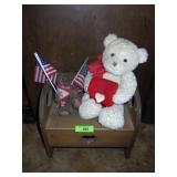 PINE BENCH W/ 2 TEDDY BEARS