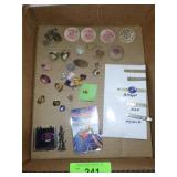 VTG WOODEN TOKENS, ASST. PINS, TIE CLASPS, LOCKET>