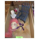 WOODEN DOLL CHAIR, SIGNED CERAMIC MASK, WIRE >>>>>