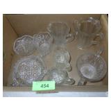 VINTAGE PRESSED GLASS NAPPY DISHES, CREAM & SUGAR>