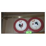 2 ROOSTER PLATES & BRASS PLATE HANGER