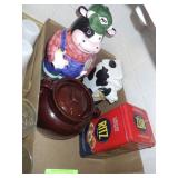 1987 RITZ CRACKER TIN, COW COOKIE JAR, COW PITCHER
