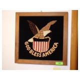 "GOD BLESS AMERICA" VINTAGE FRAMED NEEDLEWORK>>>>>