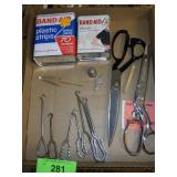 VINTAGE BANDAID TINS, SHOE BUTTON HOOKS, SCISSORS