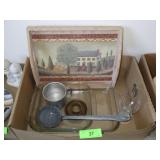 TRAY, VINTAGE GRAY ENAMEL LADLE, PYREX CASSEROLE>>