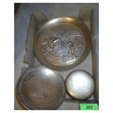 VTG BRASS RELIEF WALL PLAQUE, FOOTED BOWL & BOX