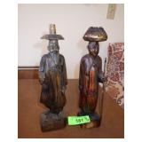 VINTAGE PAIR CARVED WOOD KOREAN FIGURINES 12"