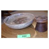 VTG SOAPSTONE ? PEDESTAL BOWL W/ WOOD BASE *NEEDS>