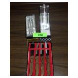 NOS ACRYLIC SALT & PEPPER MILLS, CHEESE KNIFE SET