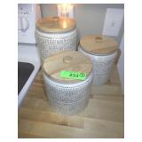 3 STONEWARE CANISTERS W/ WOOD LIDS