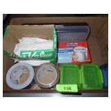TRASH BAGS (1 NEW BOX), TAPE ROLLS, STORAGE BOXES