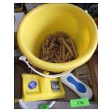 WOODEN CLOTHES PINS, BRUSH, STAIN APPLICATOR, ETC