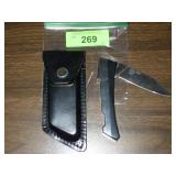 NOS VERNON CO. HAND HONED POCKET KNIFE IN LEATHER>