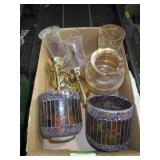 CARNIVAL GLASS VASE, ASST. CANDLE HOLDERS