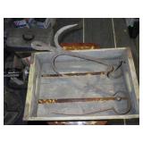 VINTAGE WOODEN CRATE, GRAPPLING HOOK & SHEEP SHEAR
