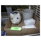STONEWARE PIG BANK & CROCK, PORCELAIN MOISTENERS