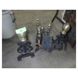 CAST IRON & BRASS FIREPLACE ANDIRONS & IMPLEMENTS