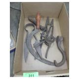 VINTAGE SYTHE, SHEEP SHEARS, HOOK, ETC