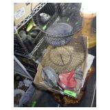 VINTAGE MESH FISH BASKET, REELS, FISH SCALES, ETC
