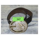 CRUMRINE SILVERPLATE BELT BUCKLE ON TOOLED >>>>>>>