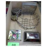 JEWELRY BOXES, METAL BOXES, BANK, WIRE BASKET