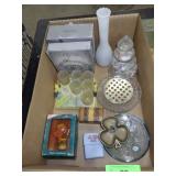 CRYSTAL DISHES, SHOT GLASSES IN TRAY, TINY WOODEN>