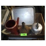 VTG ALUMINUM CAR TRAY, ALUMINUM COFFEE POT, FUNNEL