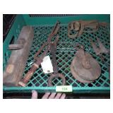 VINTAGE WOODEN PULLY, WOOD PLANE, SHEEP SHEARS>>>