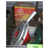 VINTAGE CHRISTMAS TREE STANDM, TIN & OIL CAN