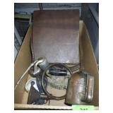 VINTAGE OIL CANS, OIL SPOUT, SADIRON, RECORDS, ETC