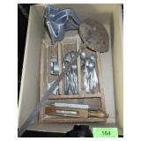 SILVERPLATE IN WOODEN UTENSIL BOX, CAST IRON >>>>>