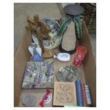 CANDLE HOLDER, MILK GLASS AVON BOTTLE, WOOD BOX>>>