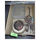 SMALL CAST IRON SKILLET, COPPER LIGHT PART, GLASS.