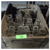 VINTAGE WOODEN MILK CRATE W/ MILK BOTTLES