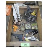 VINTAGE CRATE W/ TOY GUNS, TRIVITS, B.O. CANDLES>>
