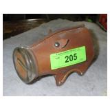 VINTAGE LEATHER WRAPPED GLASS PIG BANK