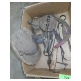 VINTAGE SYTHE, SHEEP SHEARS, PLANT HANGER, ETC