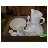 VINTAGE MILK GLASS PITCHER, BOWL, DIVIDED DISH>>>